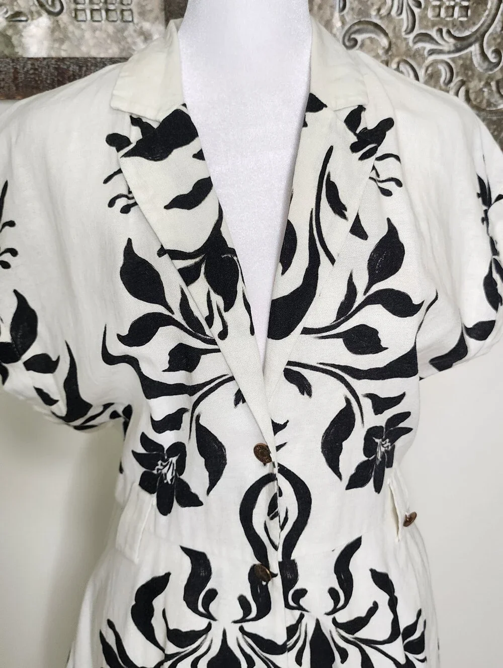 Zara Cream & Black Floral Linen Blend Button-Front Fit-and-Flare Dress Large - Picture 8 of 16